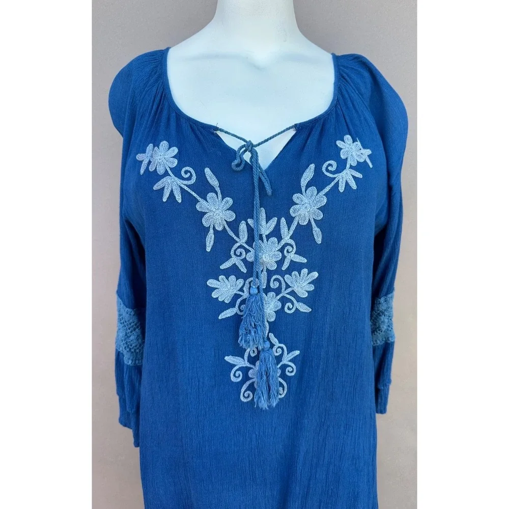 Studio West Womens L Blue Bell Sleeve Embroidered Floral Shift Dress Boho Coasta